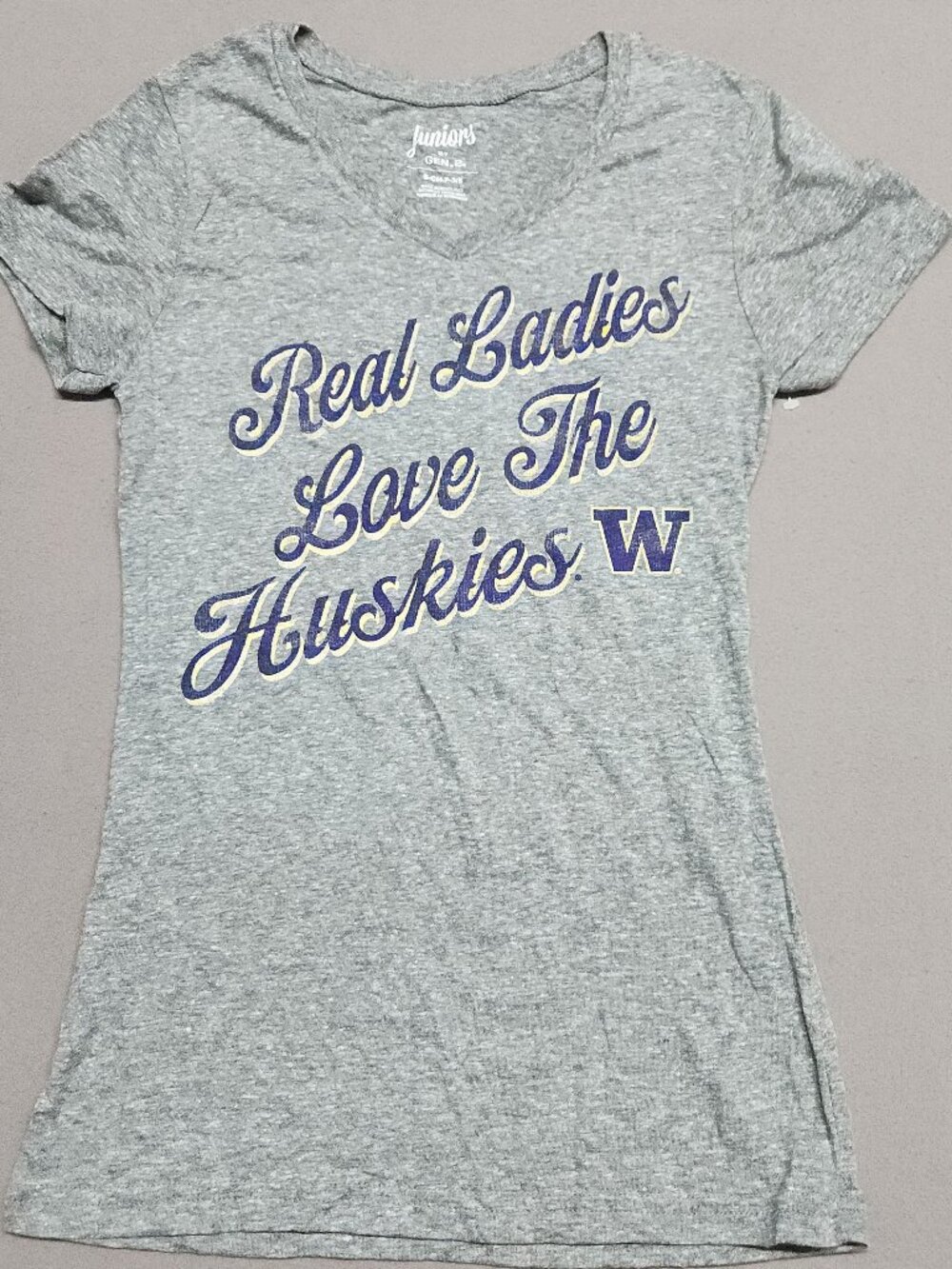 Washington Huskies V-Neck T-Shirt S Womens 3/5 Polyester Cotton Rayon Gray 125